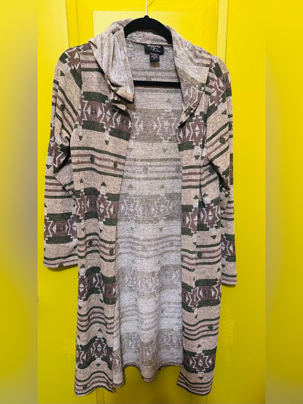Hooked Up by IOT Hooded Tribal Print Open Cardigan - Beige & Olive